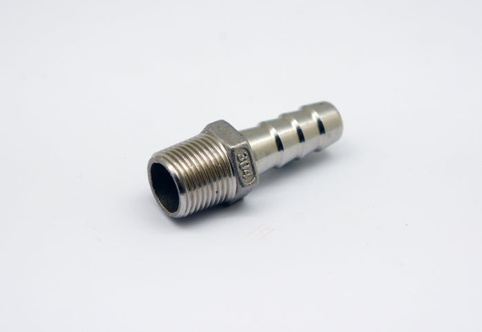Stainless steel BSPT tapered 1/2 inch male to 14mm barb hose adaptor fitting for hydraulic or fuel line connections.