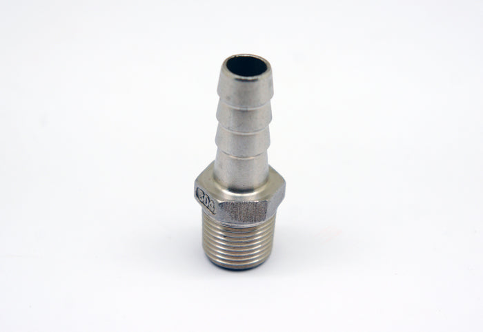 Stainless steel BSPT tapered 1/2 inch male to 14mm barb adaptor fitting for hoses, designed for motorcycle fuel or oil lines.