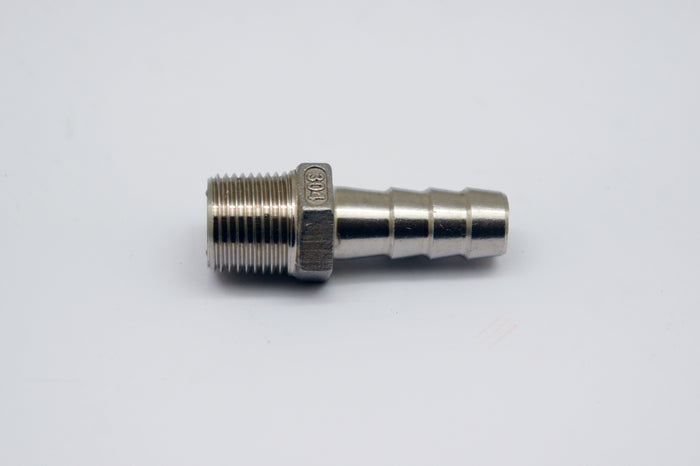 Stainless steel BSPT tapered 1/2 inch male to 14mm barb adapter fitting for motorcycle fuel or fluid hoses.