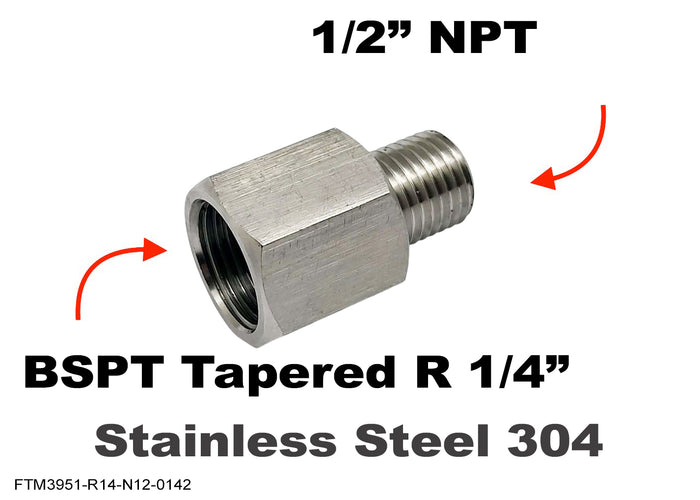 Stainless steel BSPT tapered female 1/4 inch to 1/2 inch NPT male sensor adaptor fitting for plumbing or hydraulic connections.
