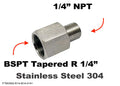 Stainless steel BSPT tapered R 1/4 inch female to 1/4 inch NPT male adaptor fitting for sensor connections.
