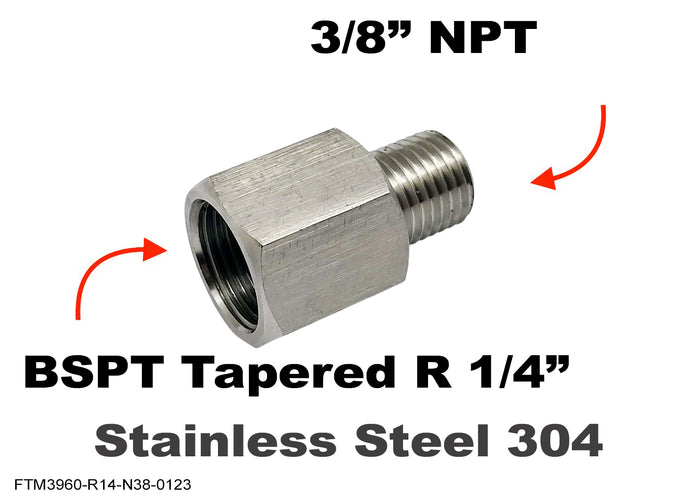 Stainless steel BSPT tapered female to 3/8 inch NPT male adaptor fitting for sensors, designed for automotive or industrial use.