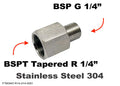 Stainless steel BSPT tapered female to BSP G 1/4 inch male sensor adaptor fitting for automotive or industrial use.
