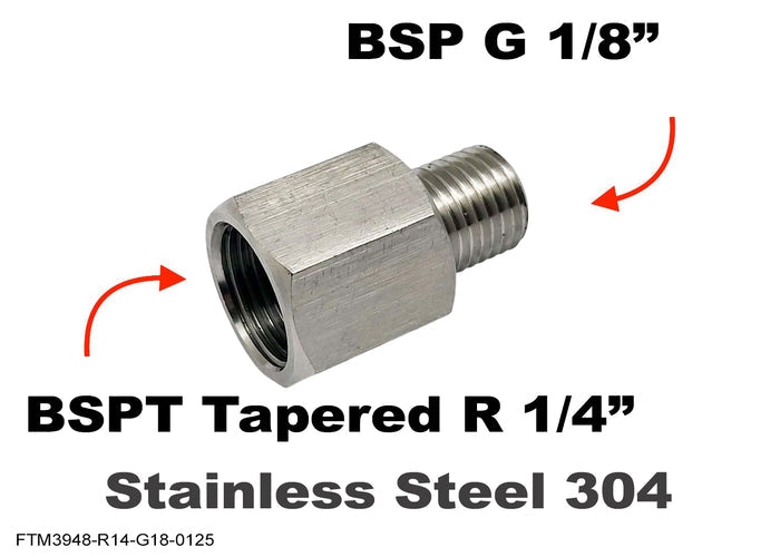 Stainless steel BSPT tapered 1/4 inch female to BSP G 1/8 inch male sensor adaptor fitting for hydraulic or pneumatic systems
