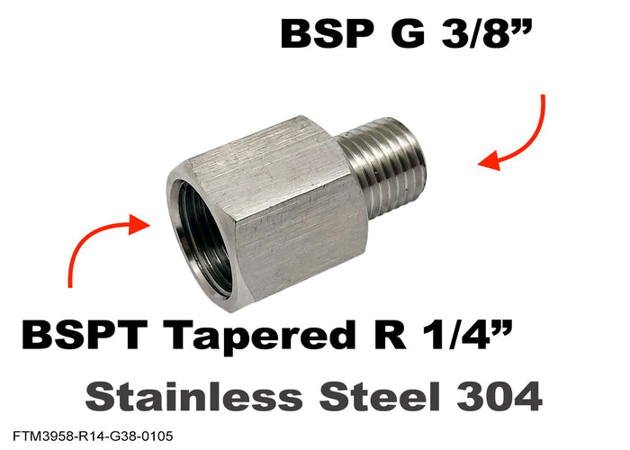 Stainless steel BSPT tapered adapter fitting with 1/4 inch female R and 3/8 inch male BSP G threads for sensor connections.