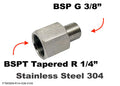 Stainless steel BSPT tapered adapter fitting with 1/4 inch female R and 3/8 inch male BSP G threads for sensor connections.
