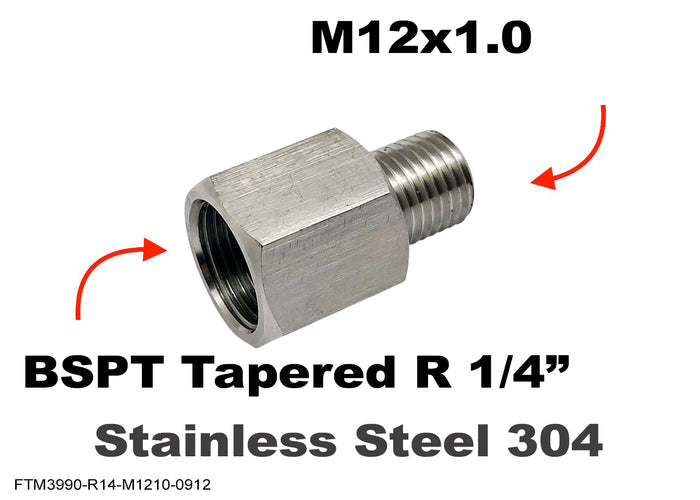 Stainless steel BSPT tapered R 1/4 inch female to M12x1.0 male sensor adaptor fitting for hydraulic or sensor connections.