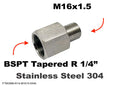 Stainless steel BSPT tapered female R 1/4 inch to M16x1.5 male sensor adaptor fitting for conversion applications.