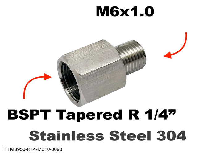 Stainless MC Motoparts BSPT tapered 1/4 inch female to M6x1.0 male sensor adaptor fitting for conversion in automotive applications