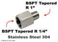 Stainless steel BSPT tapered adaptor fitting with 1/4 inch female and 1 inch male threads for sensor conversions by MC Motoparts