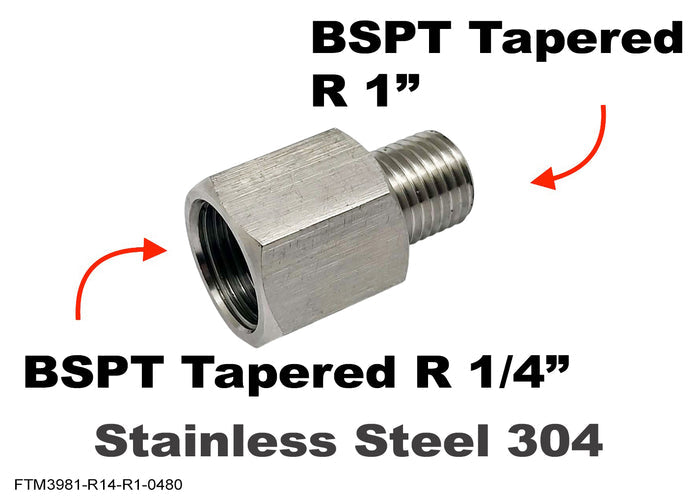 Stainless steel BSPT tapered adaptor fitting with 1/4 inch female and 1 inch male threads for sensor conversions by MC Motoparts