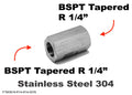 Stainless steel BSPT tapered female to female sensor adaptor fitting for hydraulic or pneumatic connections.