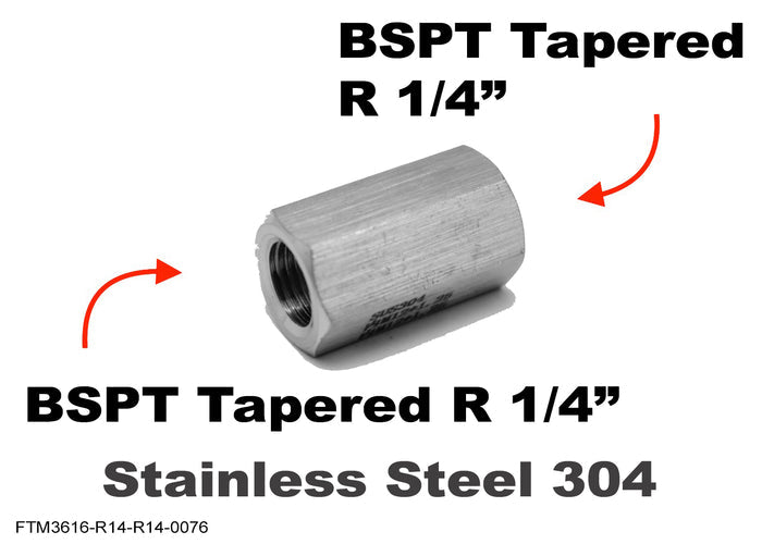 Stainless steel BSPT tapered female to female sensor adaptor fitting for hydraulic or pneumatic connections.