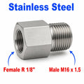 Stainless steel BSPT tapered R 1/8 inch female to M16x1.5 male sensor adaptor fitting for conversion applications.
