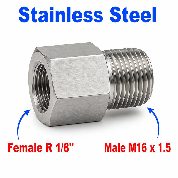 Stainless steel BSPT tapered R 1/8 inch female to M16x1.5 male sensor adaptor fitting for conversion applications.