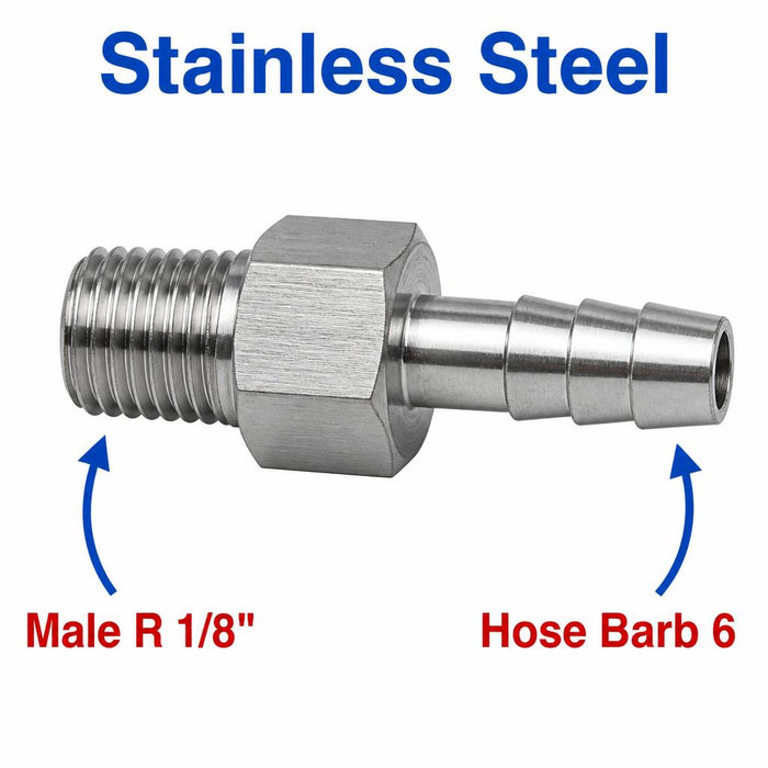 Stainless steel MC Motoparts BSPT tapered R 1/8 inch male to 6mm barb sensor adaptor fitting for fluid conversion.