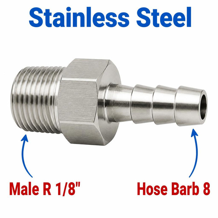 Stainless steel MC Motoparts BSPT tapered 1/8 inch male to 8mm barb sensor adaptor fitting for conversion.