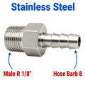 Stainless steel MC Motoparts BSPT tapered 1/8 inch male to 8mm barb sensor adaptor fitting for conversion.