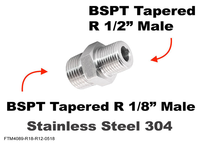 Stainless steel BSPT tapered adapter fitting with 1/8 inch male to 1/2 inch male threads, used for sensor connections.