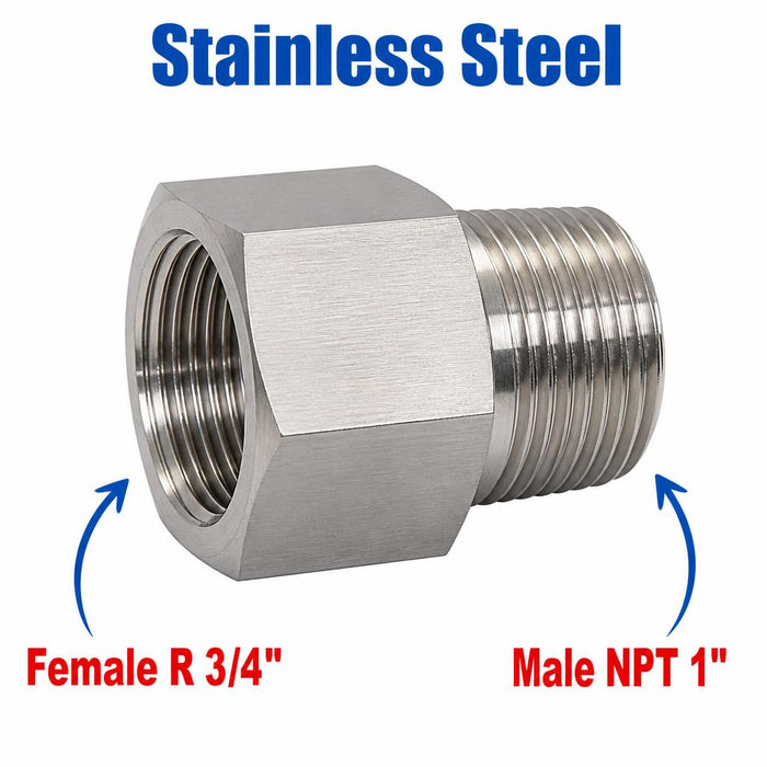Stainless steel BSPT tapered female to NPT male sensor adaptor fitting for conversion, 3/4 inch to 1 inch, MC Motoparts APS fitting