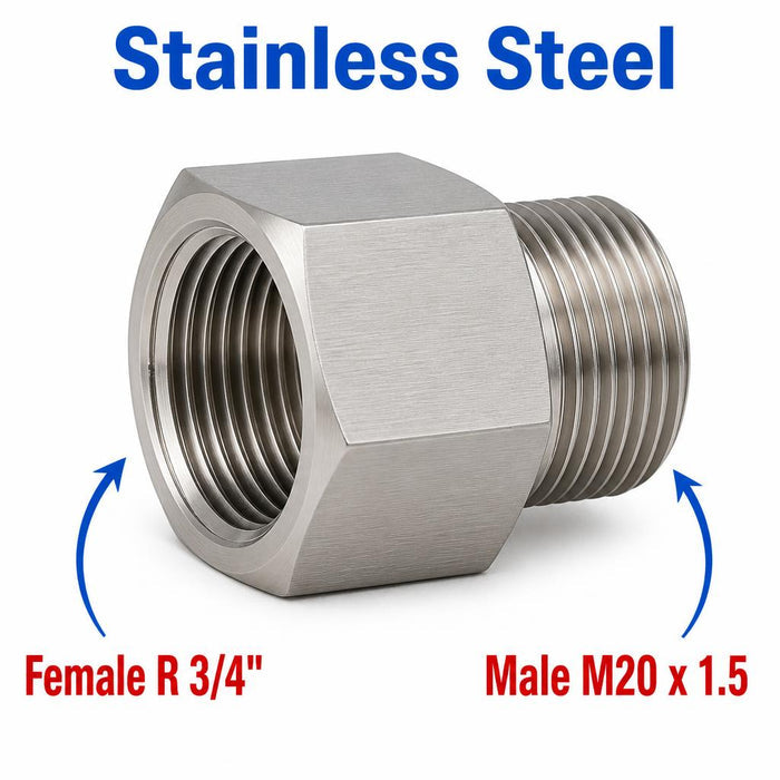 Stainless steel MC Motoparts BSPT tapered R 3/4 inch female to M20x1.5 male sensor adaptor fitting for conversion.