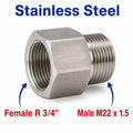 Stainless steel MC Motoparts APS adaptor fitting with 3/4 inch BSPT female and M22x1.5 male threads for sensor conversions.