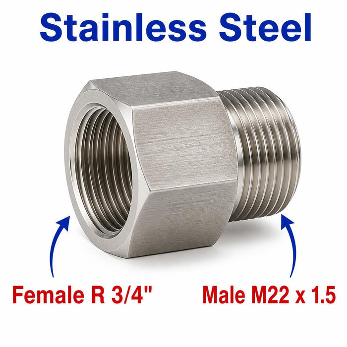 Stainless steel MC Motoparts APS adaptor fitting with 3/4 inch BSPT female and M22x1.5 male threads for sensor conversions.
