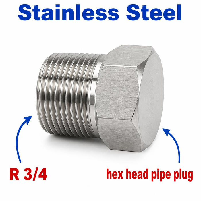 Stainless steel BSPT tapered 3/4 inch hex head pipe plug for threaded fitting block off cap, MC Motoparts APS adaptor fitting.