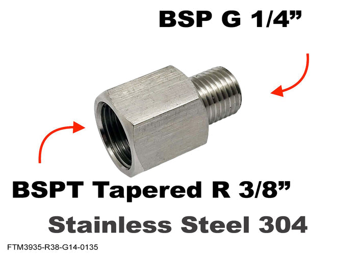 Stainless steel BSPT tapered female 3/8 inch to BSP G 1/4 inch male sensor adaptor fitting for hydraulic or plumbing applications