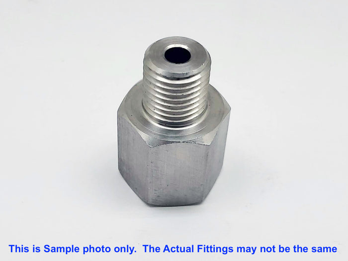 Stainless steel BSPT tapered female to BSP G 1/4 inch male sensor adaptor fitting for hydraulic or pneumatic connections.