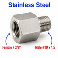 Stainless steel MC Motoparts APS adaptor fitting with 3/8 inch BSPT female to M10x1.5 male sensor connector for conversion.