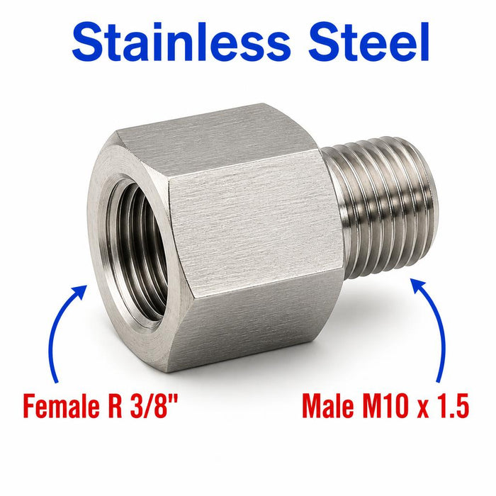 Stainless steel MC Motoparts APS adaptor fitting with 3/8 inch BSPT female to M10x1.5 male sensor connector for conversion.