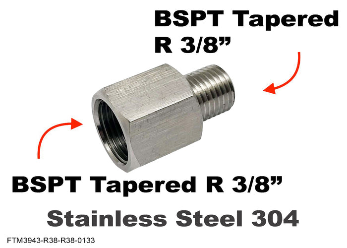 Stainless steel BSPT tapered R 3/8 inch female to male sensor adaptor fitting, used for vehicle fluid connections.