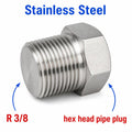 Stainless steel BSPT tapered 3/8 inch hex head pipe plug for threaded fitting block off cap by MC Motoparts.