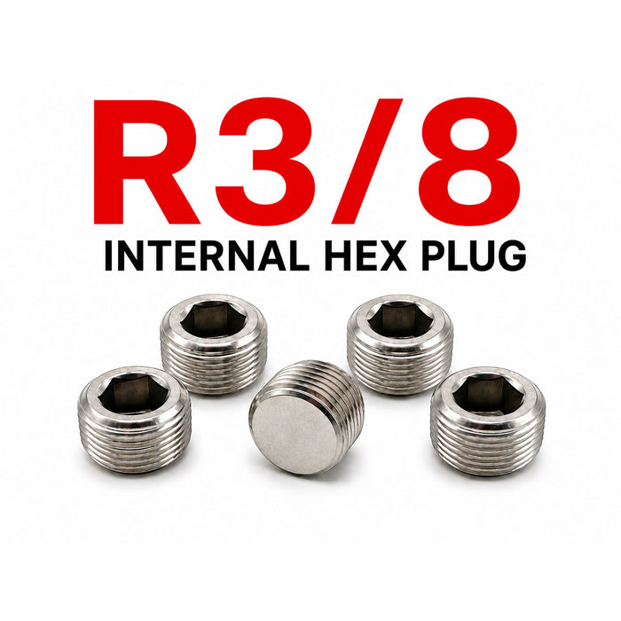 Set of five MC Motoparts BSPT tapered 3/8 inch stainless steel hex socket pipe plugs for plumbing and fitting conversions.