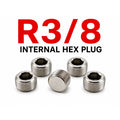 Set of five MC Motoparts BSPT tapered 3/8 inch stainless steel hex socket pipe plugs for plumbing and fitting conversions.