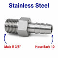 MC Motoparts BSPT tapered male to 10mm barb stainless steel sensor adaptor fitting for conversion, with threaded and barb ends.