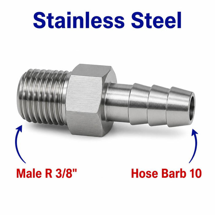 MC Motoparts BSPT tapered male to 10mm barb stainless steel sensor adaptor fitting for conversion, with threaded and barb ends.