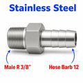 Stainless steel MC Motoparts BSPT tapered 3/8 inch male to 12mm barb sensor adapter fitting for conversion applications.