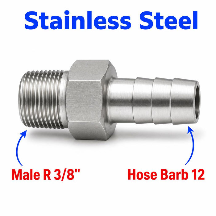 Stainless steel MC Motoparts BSPT tapered 3/8 inch male to 12mm barb sensor adapter fitting for conversion applications.