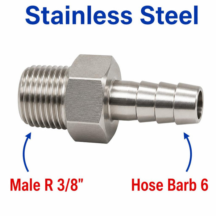 Stainless steel MC Motoparts APS adaptor fitting, 3/8 inch BSPT male to 6mm barb OD sensor conversion fitting.