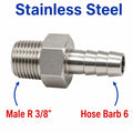 Stainless steel MC Motoparts APS adaptor fitting, 3/8 inch BSPT male to 6mm barb OD sensor conversion fitting.