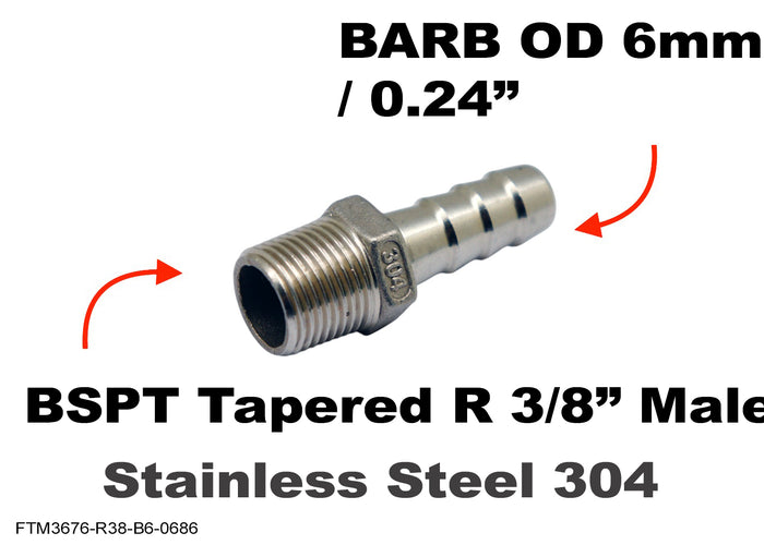 Stainless steel BSPT tapered 3/8 inch male to 6mm barbed hose fitting adapter for fluid connection by MC Motoparts