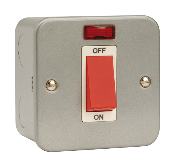 Click Scolmore CL201 Metal Clad - 50A 1 Gang Double Pole Switch With Neon - Red Rocker - With Back Box