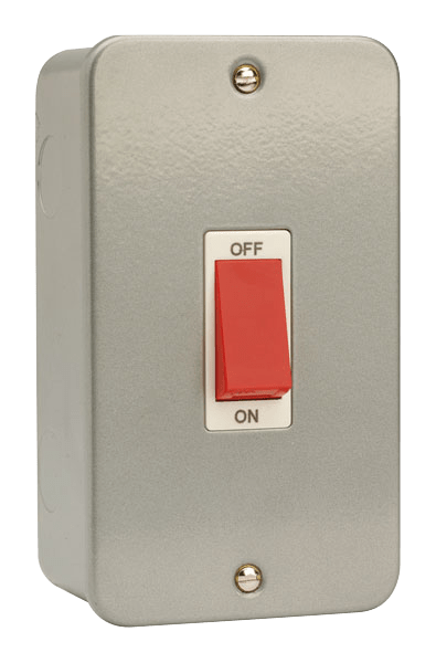 Click Scolmore CL202 Metal Clad - 50A 2 Gang Double Pole Switch (Vertical) - Red Rocker - With Back Box