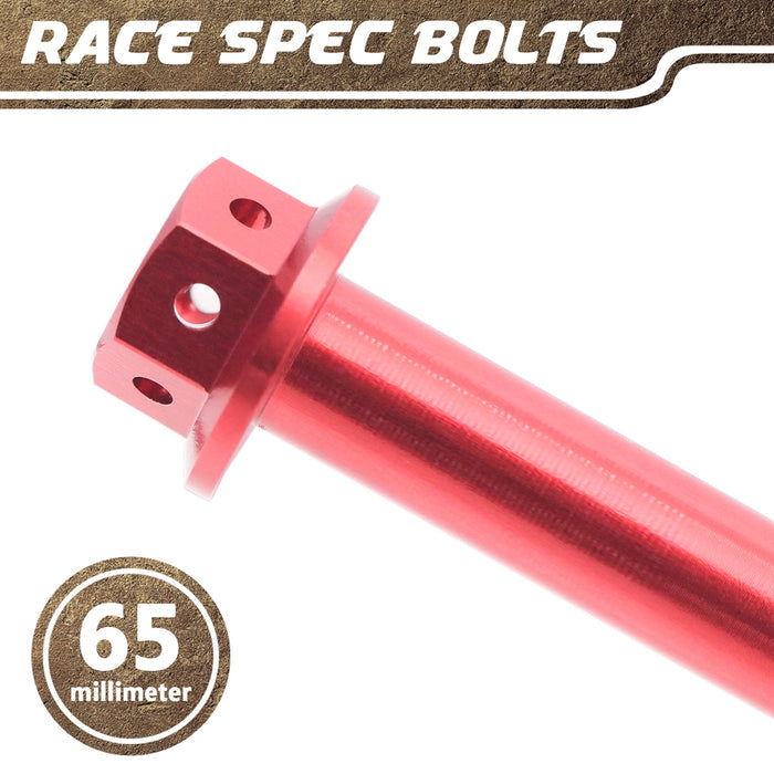CNC aluminum flanged hex head race spec bolt M6 x 65mm in red finish, designed for high-performance automotive applications.