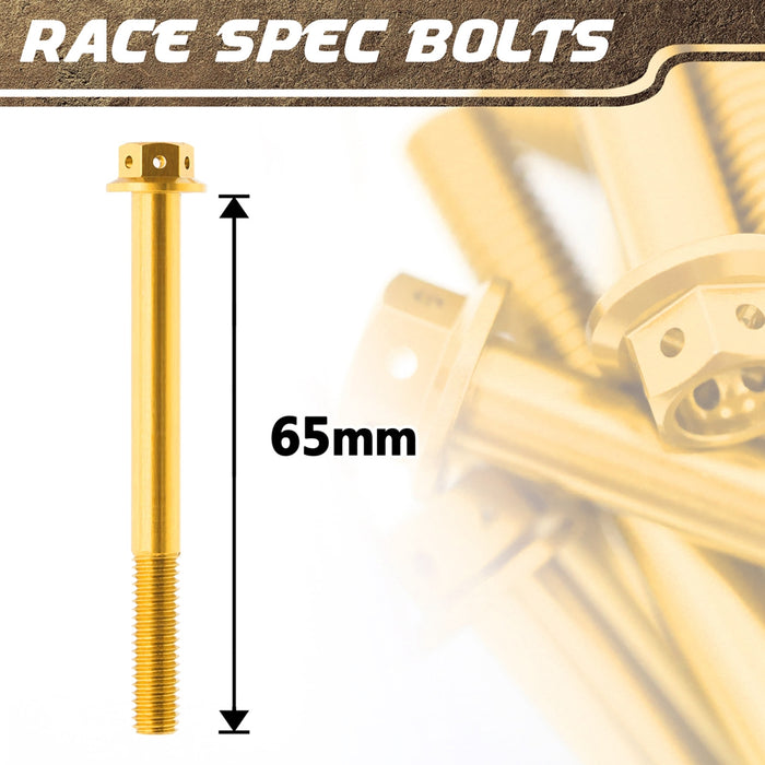 CNC aluminum flanged hex head race spec bolt M6 x 65mm from MC Motoparts, showing polished metallic finish and flanged head.