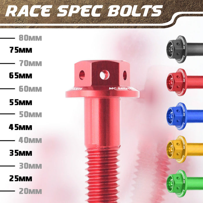CNC aluminum flanged hex head race spec bolt M6 x 65mm from MC Motoparts, showing polished finish and flanged hex head design.