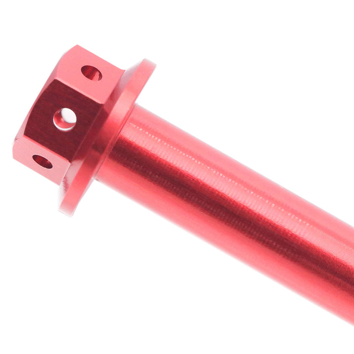 CNC aluminum flanged hex head race spec bolt M6 x 65mm from MC Motoparts, showing a red anodized finish and flanged head design.