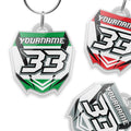 Custom acrylic MX Racing number plate keychain featuring MX03 style by StickerBao, with bold black and white racing design.